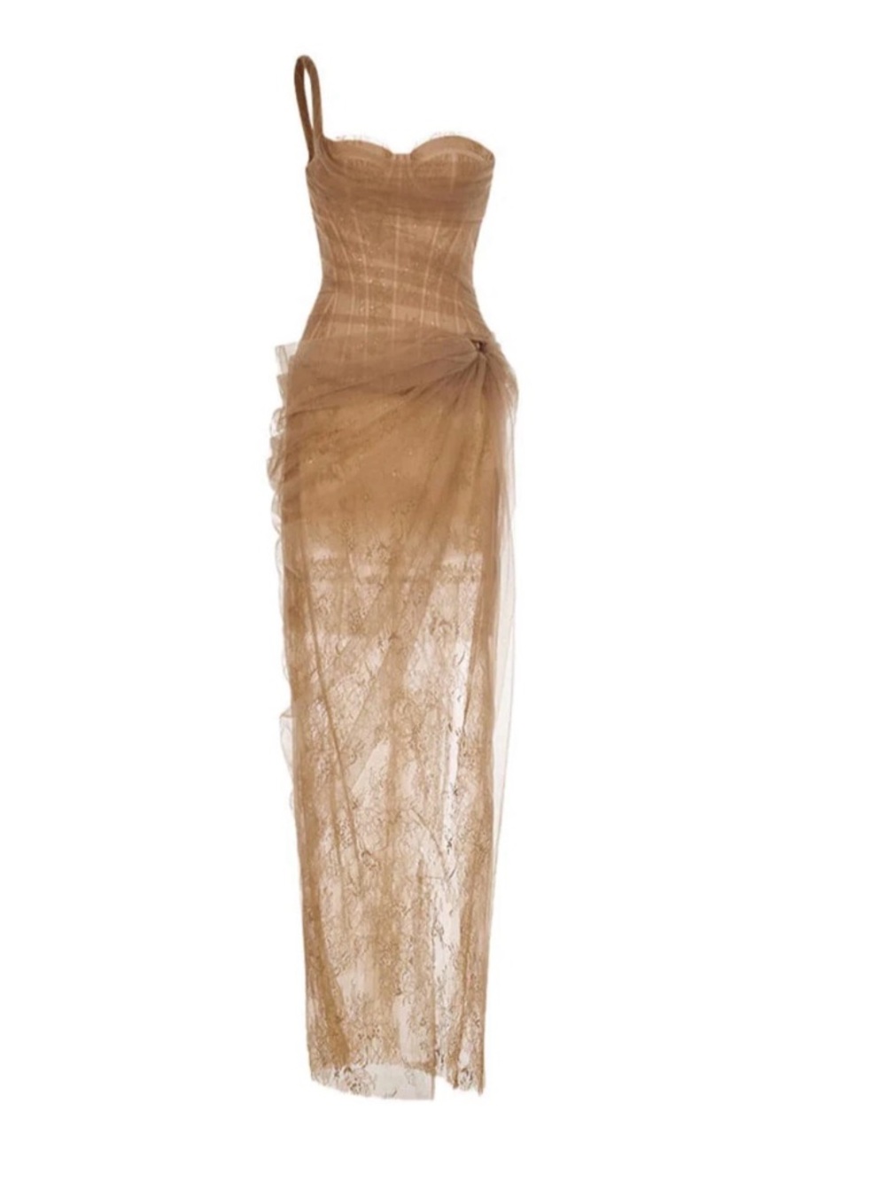 Strapless corset Sheer Lace Evening Gown in Tan Sz small
